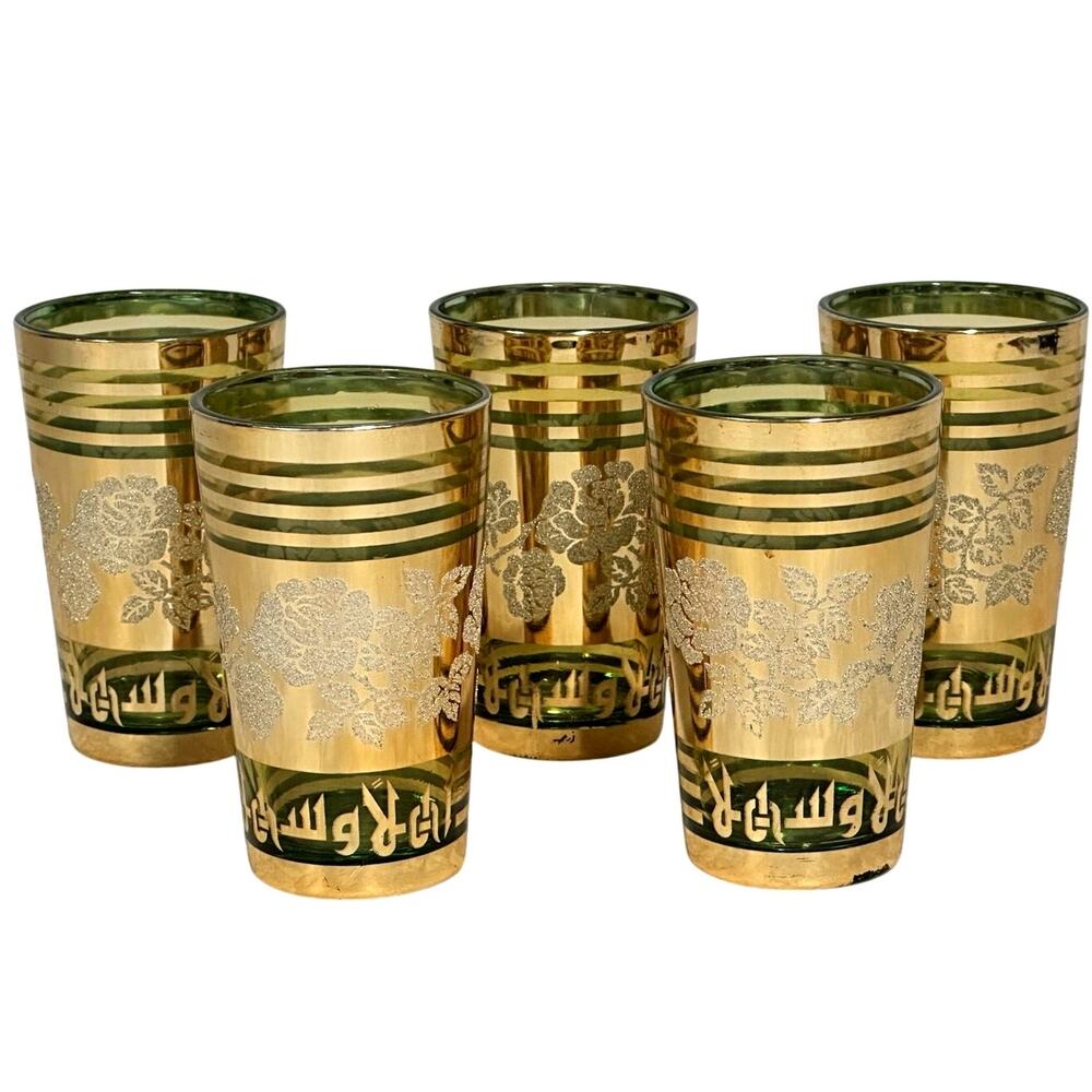 Dynasty Crown 1960's Emerald Green Glass Gold Overlay 6 oz Tumblers-Set of 5